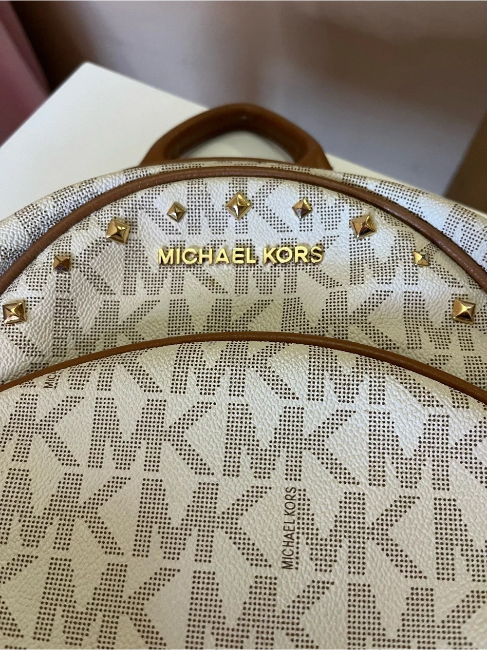 Michael Kors Beige and Brown Studded MK Logo Backpack
